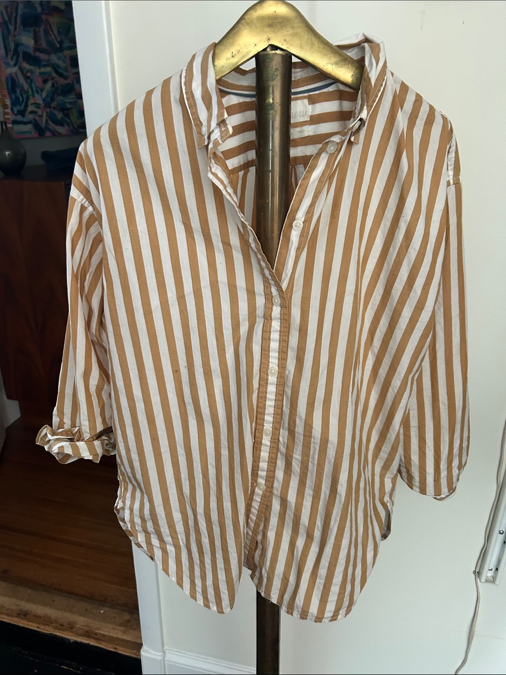 J. Crew White and Tan Striped Button-Down Shirt